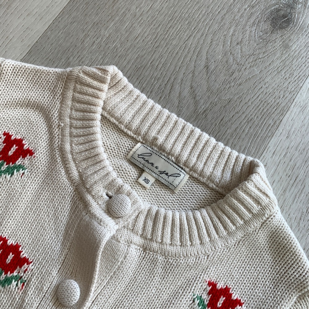 Luna & Sol Womens Cream Tulip Embroidered‎ Knit Cardigan Sweater XS ST137-V2